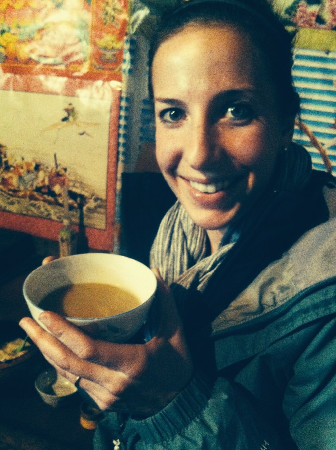 Kristen with the yak butter tea. She was not a fan, so in order to not be rude, I drank hers as well :)