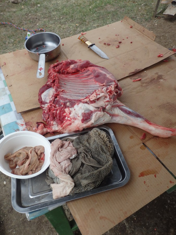 That is stomach and intestine in the pan/bowl. We ate everything except for the brain, eyes, kidneys, and bladder. Literally...everything else!!! 